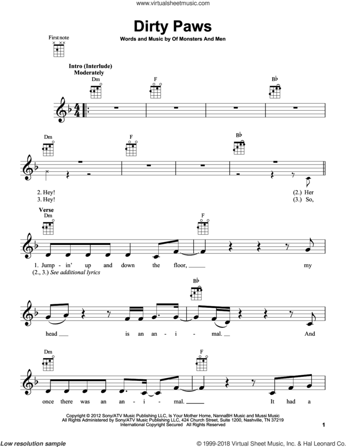 Dirty Paws sheet music for ukulele by Of Monsters And Men, intermediate skill level