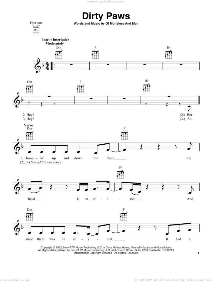 Dirty Paws sheet music for ukulele by Of Monsters And Men, intermediate skill level