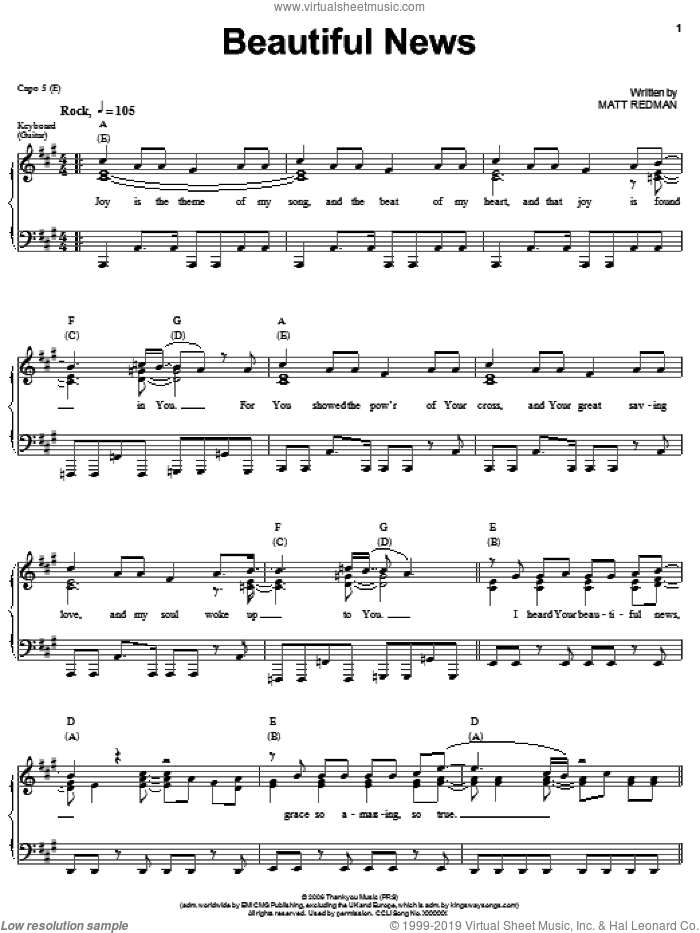 Beautiful News sheet music for voice, piano or guitar by Matt Redman, intermediate skill level