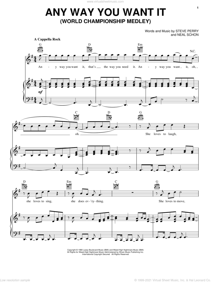 Any Way You Want It sheet music for voice, piano or guitar by Journey, Neal Schon and Steve Perry, intermediate skill level