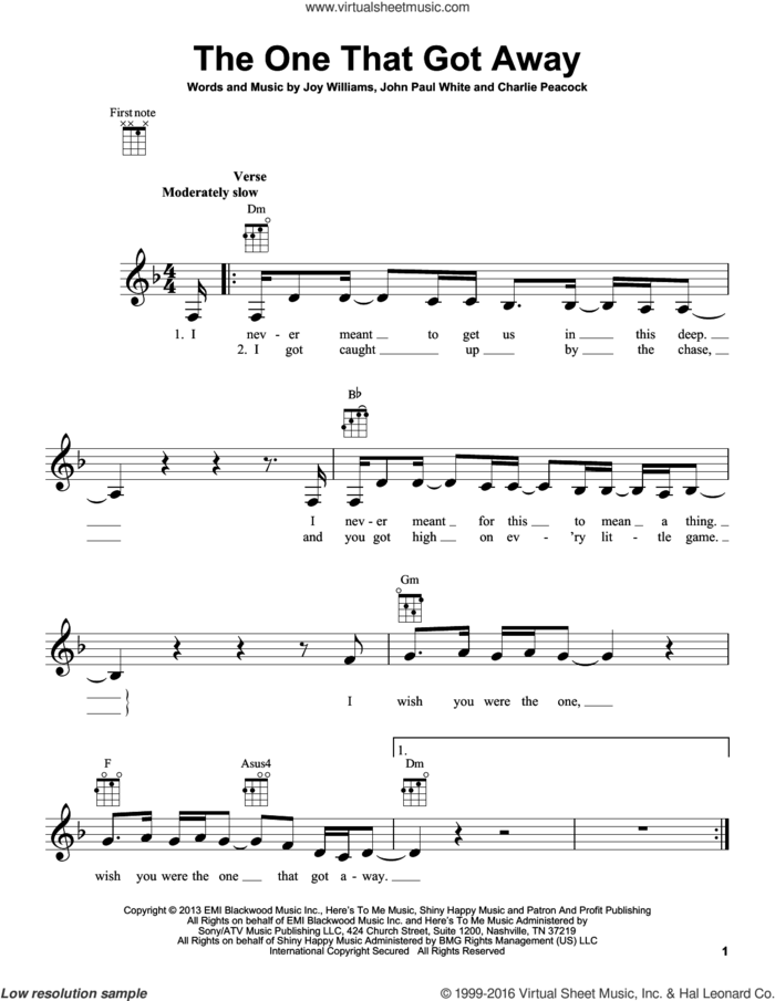 The One That Got Away sheet music for ukulele by The Civil Wars, Charlie Peacock, John Paul White and Joy Williams, intermediate skill level