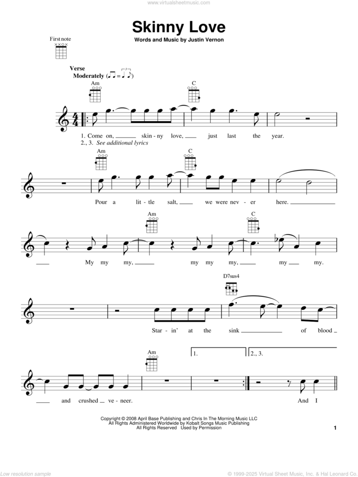 Skinny Love sheet music for ukulele by Bon Iver and Justin Vernon, classical score, intermediate skill level