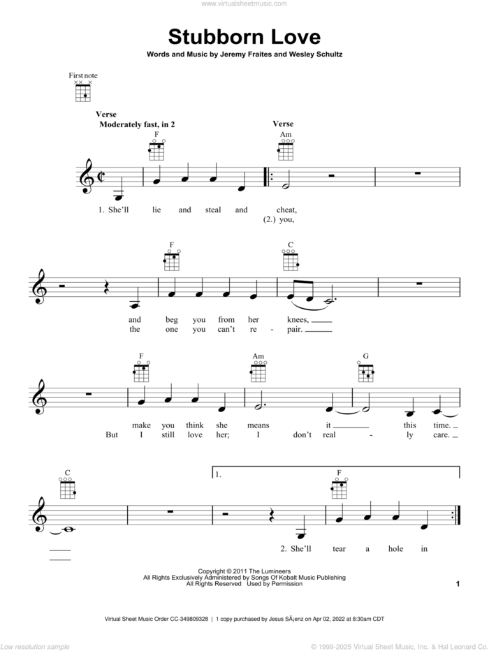 Stubborn Love sheet music for ukulele by The Lumineers, Jeremy Fraites and Wesley Schultz, intermediate skill level