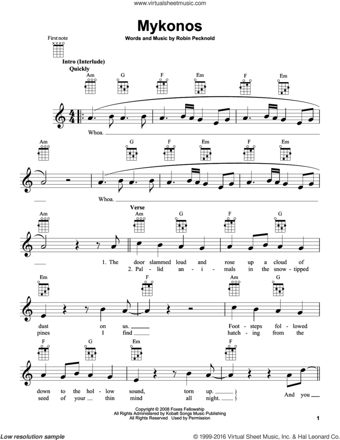 Mykonos sheet music for ukulele by Fleet Foxes and Robin Pecknold, intermediate skill level