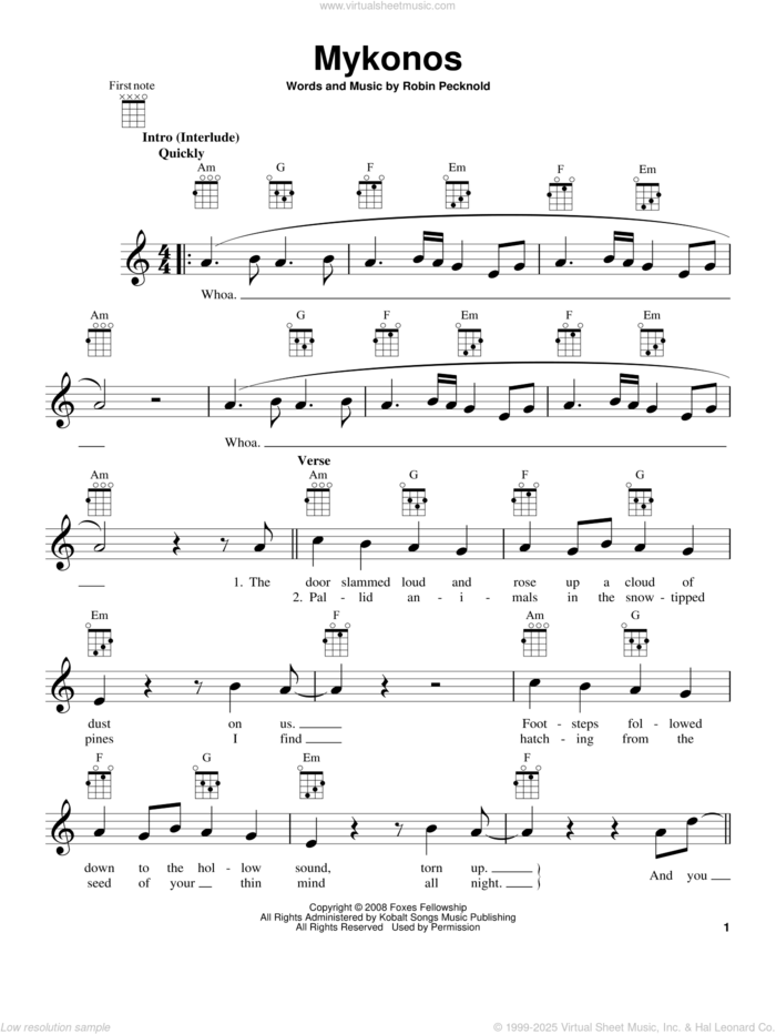 Mykonos sheet music for ukulele by Fleet Foxes and Robin Pecknold, intermediate skill level