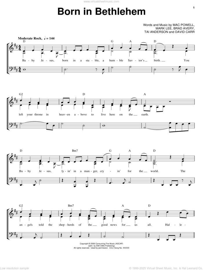 Born In Bethlehem sheet music for voice, piano or guitar by Third Day, Brad Avery, David Carr, Mac Powell, Mark Lee and Tai Anderson, intermediate skill level