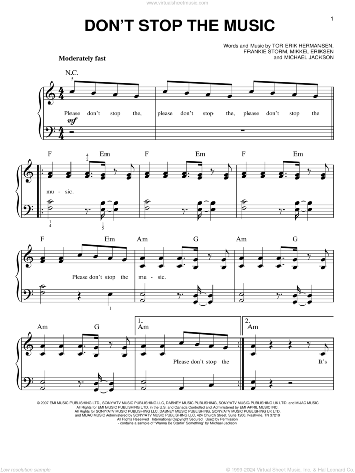 Don't Stop The Music sheet music for piano solo by Rihanna, Frankie Storm, Michael Jackson, Mikkel Eriksen and Tor Erik Hermansen, easy skill level