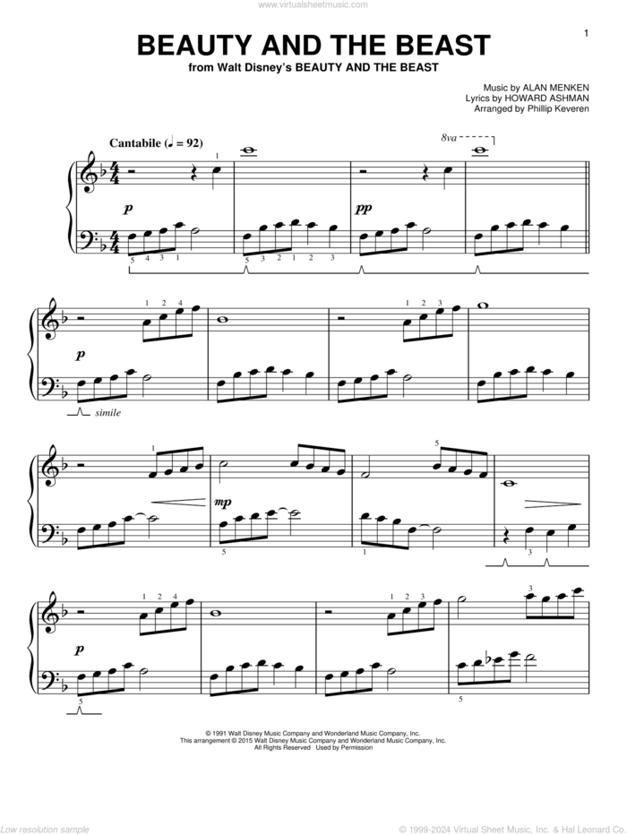 Beauty And The Beast [Classical version] (arr. Phillip Keveren), (easy) sheet music for piano solo by Alan Menken, Phillip Keveren, Celine Dion & Peabo Bryson, Alan Menken & Howard Ashman and Howard Ashman, wedding score, easy skill level