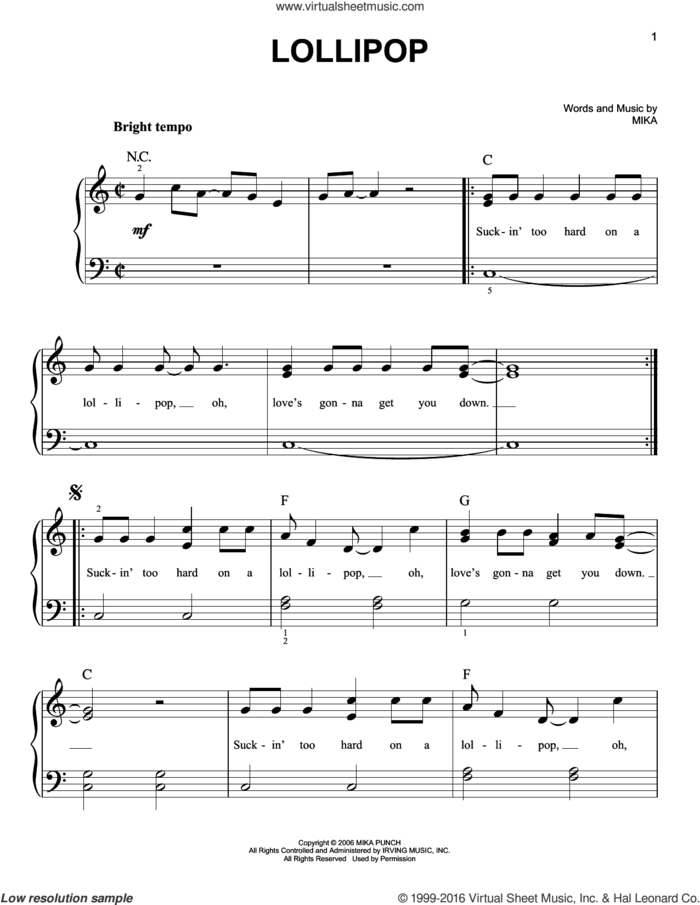 Lollipop sheet music for piano solo by Mika, easy skill level