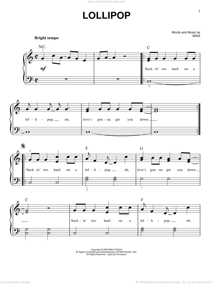 Lollipop sheet music for piano solo by Mika, easy skill level