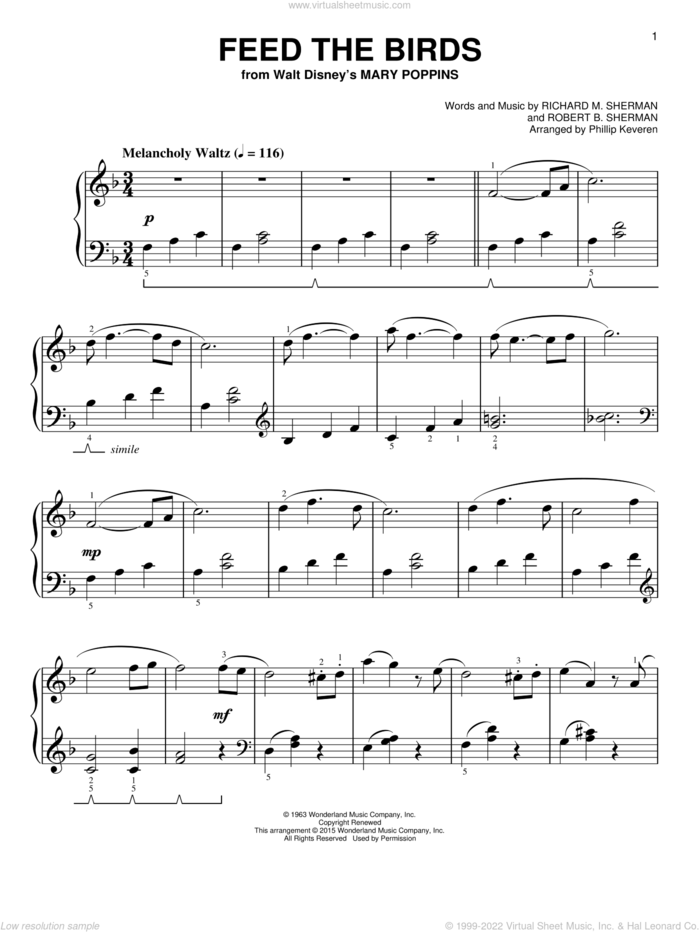 Feed The Birds [Classical version] (from Mary Poppins) (arr. Phillip Keveren) sheet music for piano solo by Richard M. Sherman, Phillip Keveren, Robert B. Sherman and Sherman Brothers, easy skill level