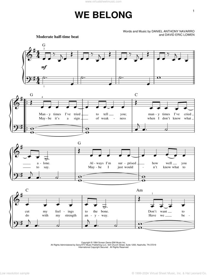 We Belong sheet music for piano solo by Pat Benatar, Daniel Anthony Navarro and David Eric Lowen, easy skill level