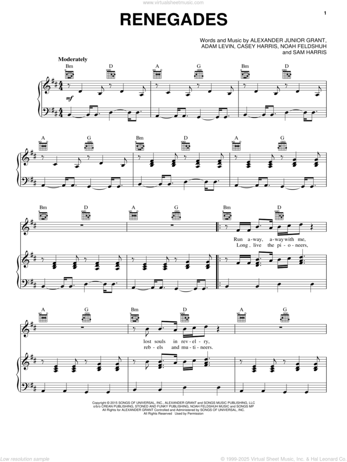 Renegades sheet music for voice, piano or guitar by X Ambassadors, Adam Levin, Alexander Junior Grant, Casey Harris, Noah Feldshuh and Samuel Harris, intermediate skill level