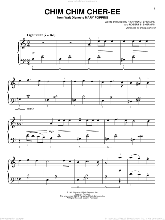 Chim Chim Cher-ee [Classical version] (from Mary Poppins) (arr. Phillip Keveren) sheet music for piano solo by Richard M. Sherman, Phillip Keveren, Dick Van Dyke, New Christy Minstrels, Robert B. Sherman and Sherman Brothers, easy skill level
