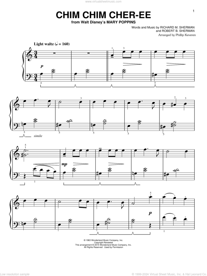 Chim Chim Cher-ee [Classical version] (from Mary Poppins) (arr. Phillip Keveren) sheet music for piano solo by Richard M. Sherman, Phillip Keveren, Dick Van Dyke, New Christy Minstrels, Robert B. Sherman and Sherman Brothers, easy skill level