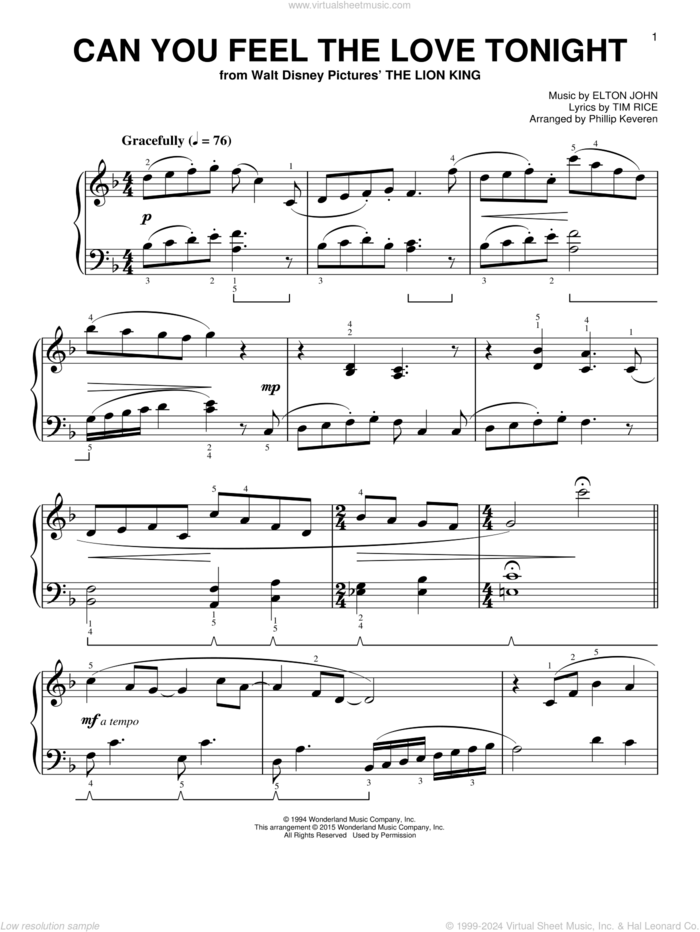 Can You Feel The Love Tonight [Classical version] (from The Lion King) (arr. Phillip Keveren), (easy) sheet music for piano solo by Elton John, Phillip Keveren, Miscellaneous and Tim Rice, wedding score, easy skill level