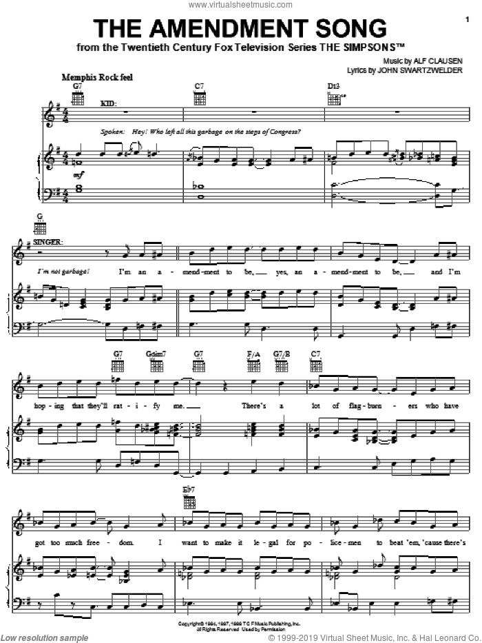 The Amendment Song sheet music for voice, piano or guitar by The Simpsons, Alf Clausen and John Swartzwelder, intermediate skill level