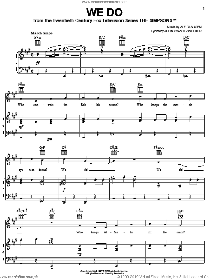 We Do sheet music for voice, piano or guitar by The Simpsons, Alf Clausen and John Swartzwelder, intermediate skill level