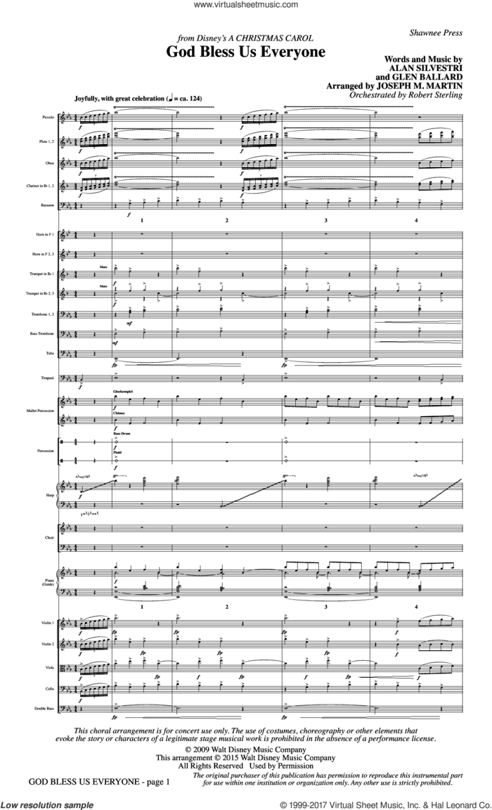 God Bless Us Everyone (from Disney's A Christmas Carol) (COMPLETE) sheet music for orchestra/band by Joseph M. Martin, Alan Silvestri, Andrea Bocelli and Glen Ballard, intermediate skill level