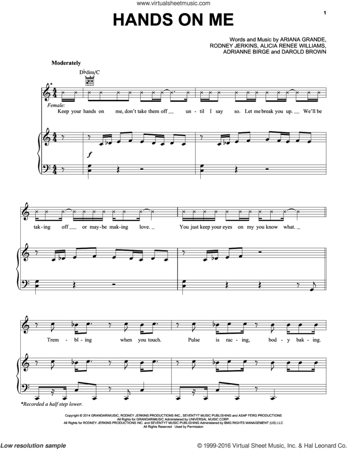 Hands On Me sheet music for voice, piano or guitar by Ariana Grande, Adrianne Birge, Alicia Renee Williams, Darole Brown and Rodney Jerkins, intermediate skill level