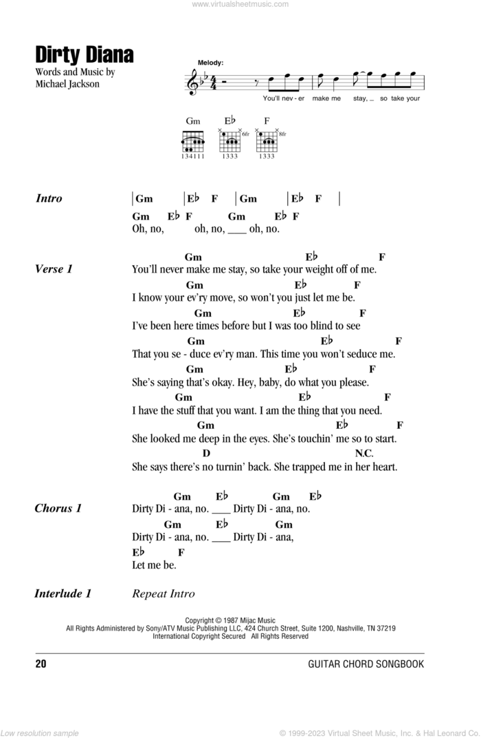 Dirty Diana sheet music for guitar (chords) by Michael Jackson, intermediate skill level