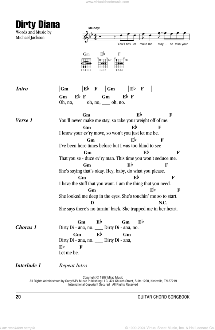 Dirty Diana sheet music for guitar (chords) by Michael Jackson, intermediate skill level