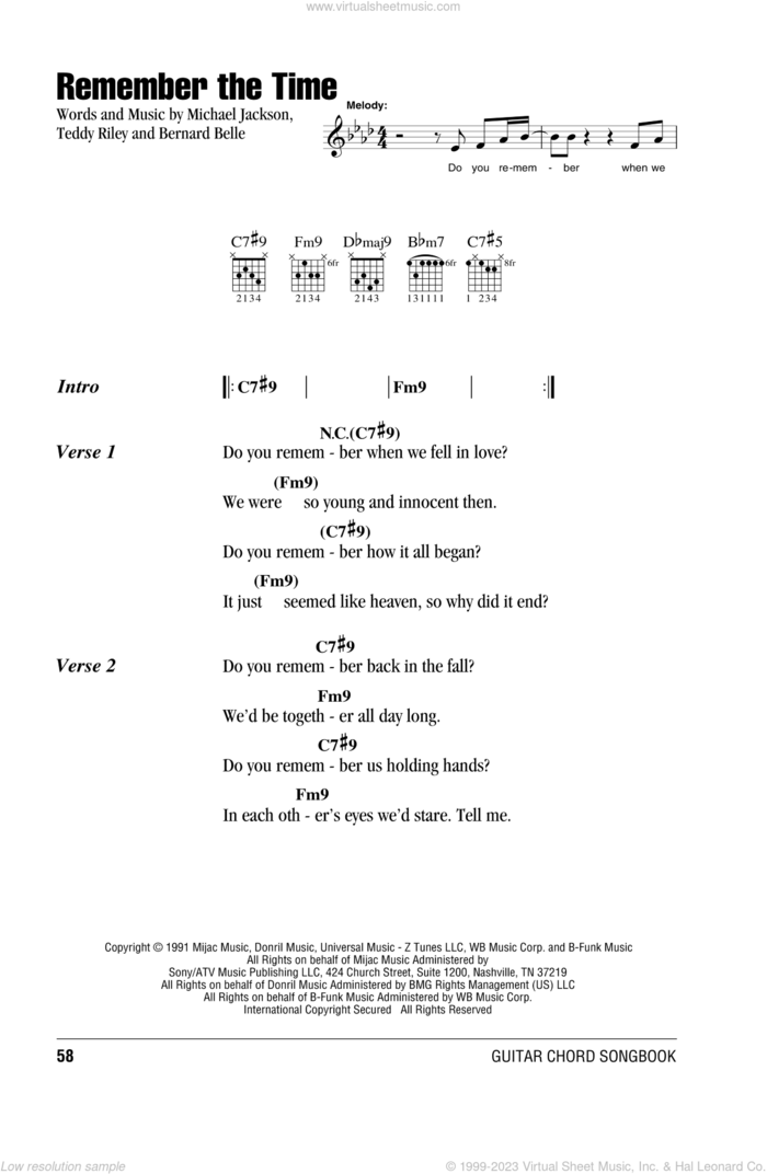 Remember The Time sheet music for guitar (chords) by Michael Jackson, Bernard Belle and Teddy Riley, intermediate skill level