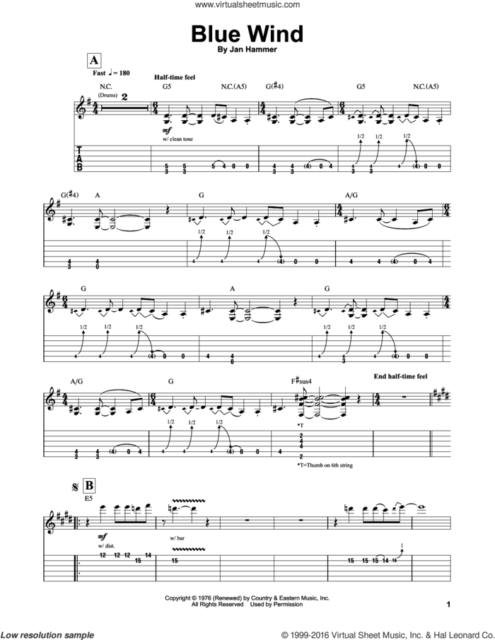Blue Wind sheet music for guitar (tablature, play-along) by Jeff Beck and Jan Hammer, intermediate skill level