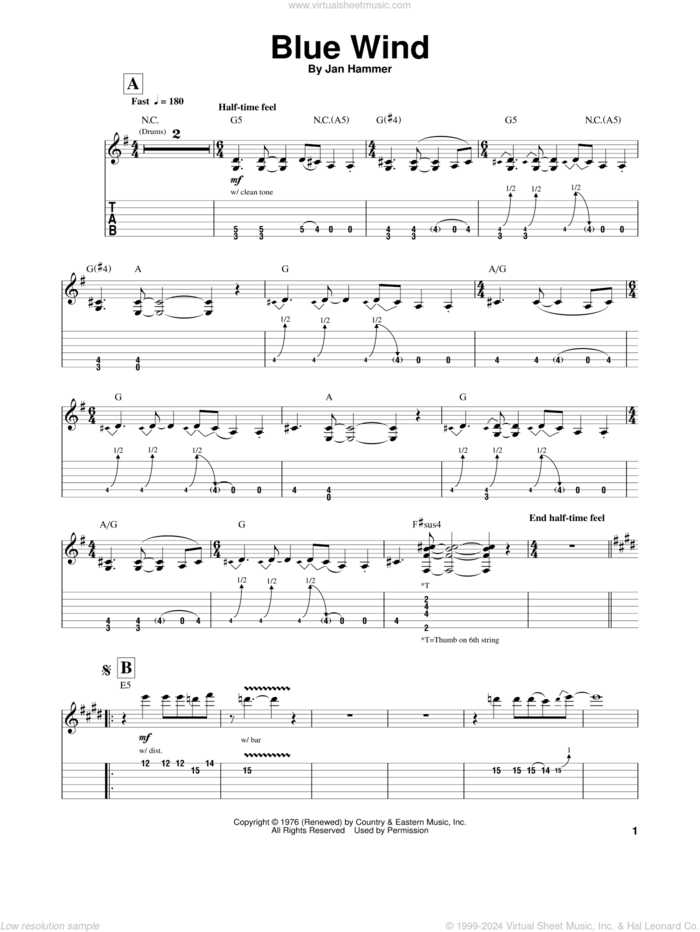 Blue Wind sheet music for guitar (tablature, play-along) by Jeff Beck and Jan Hammer, intermediate skill level