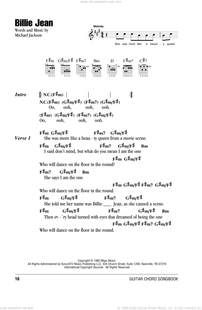 Billie Jean sheet music for guitar (chords) by Michael Jackson and David Cook, intermediate skill level
