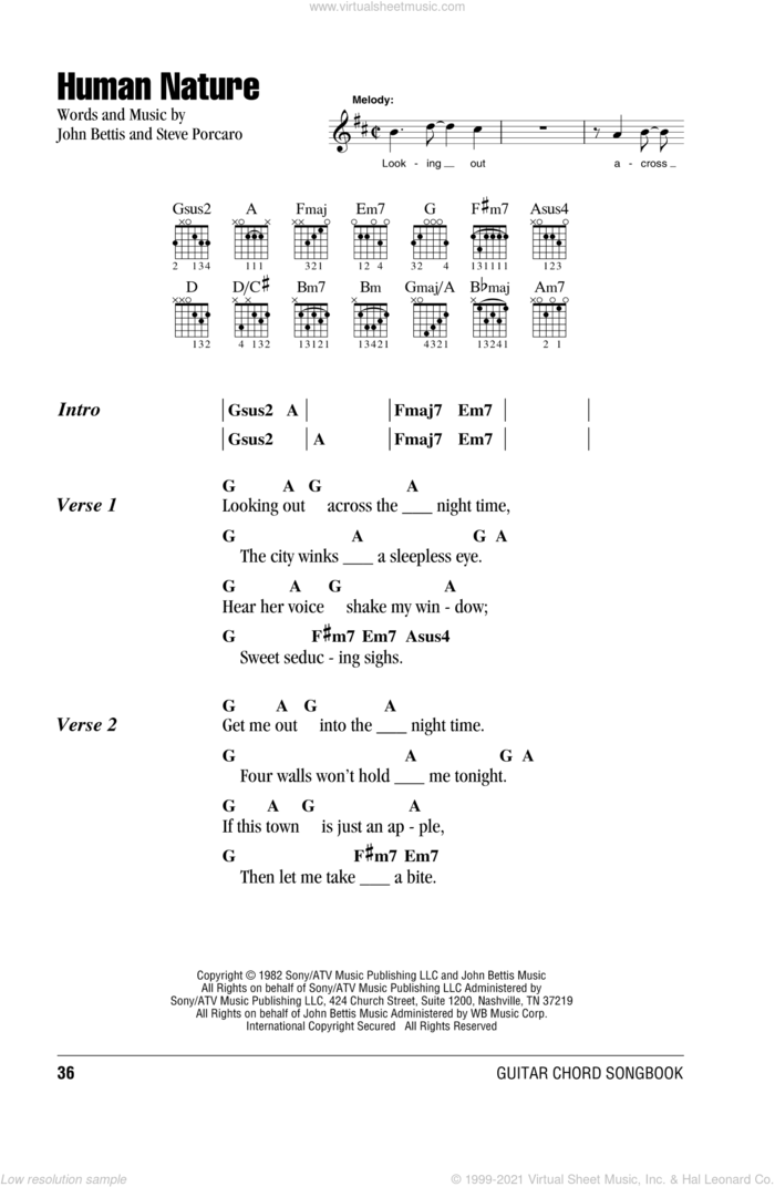 Human Nature sheet music for guitar (chords) by Michael Jackson, John Bettis and Steve Porcaro, intermediate skill level
