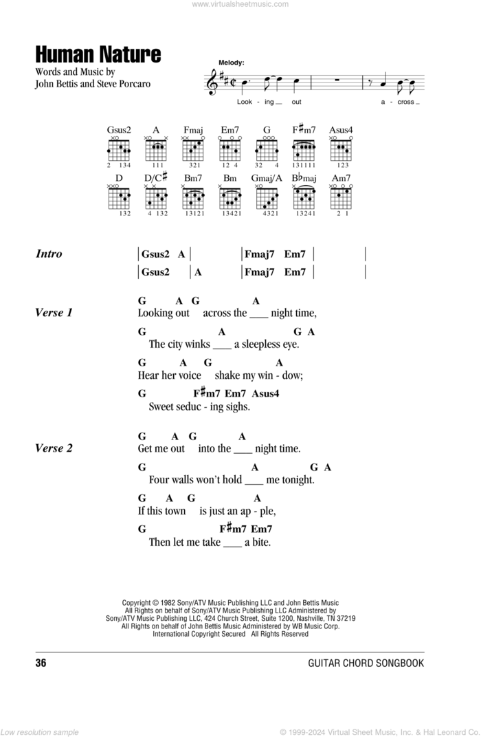 Human Nature sheet music for guitar (chords) by Michael Jackson, John Bettis and Steve Porcaro, intermediate skill level