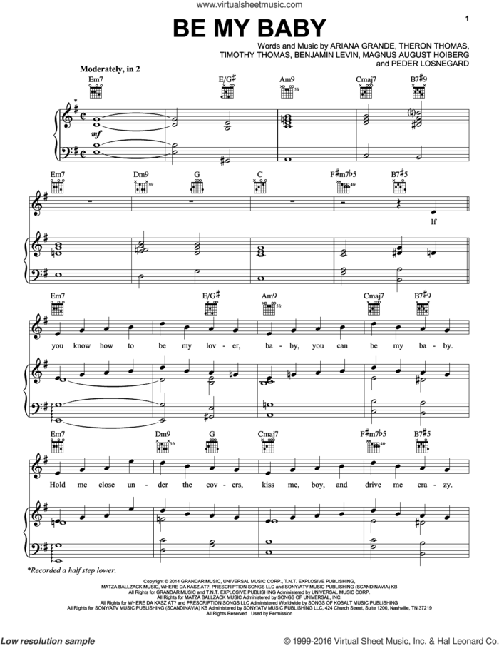 Be My Baby sheet music for voice, piano or guitar by Ariana Grande, Benjamin Levin, Magnus August Hoiberg, Peder Losnegard, Theron Thomas and Timmy Thomas, intermediate skill level