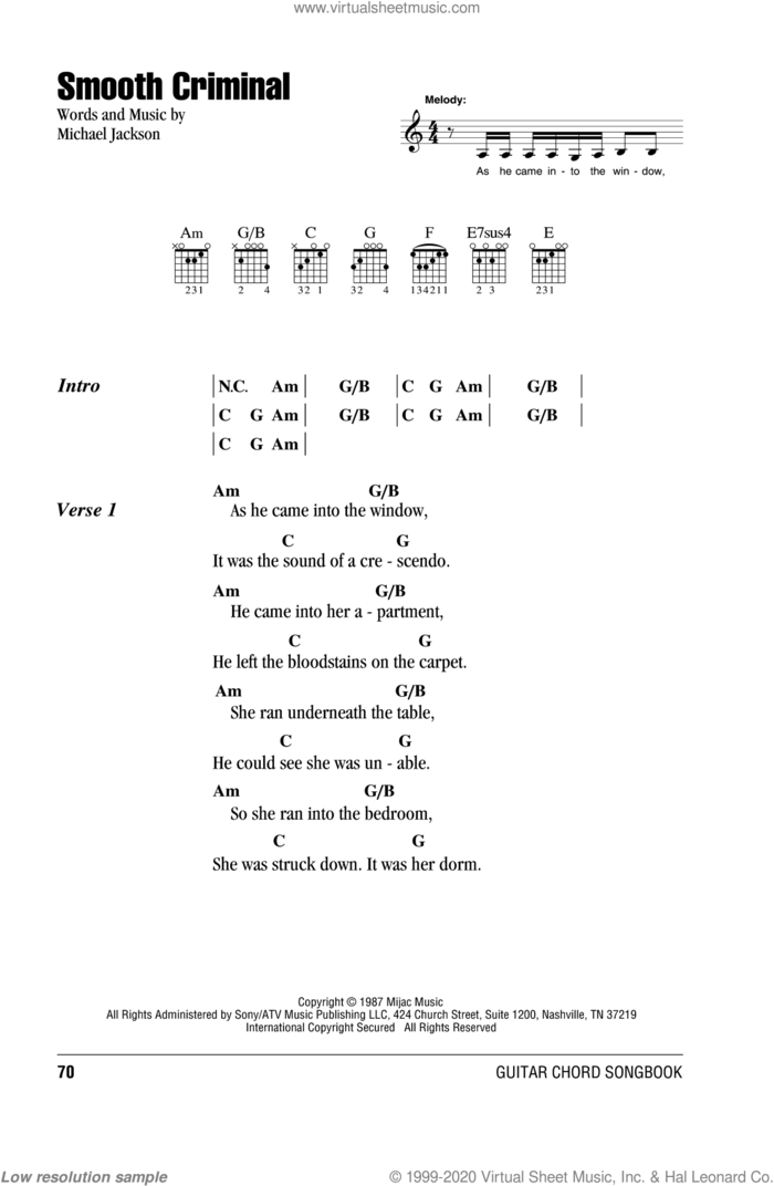 Smooth Criminal sheet music for guitar (chords) by Michael Jackson and Alien Ant Farm, intermediate skill level