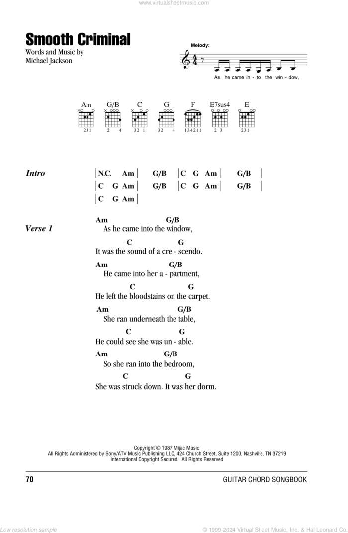 Smooth Criminal sheet music for guitar (chords) by Michael Jackson and Alien Ant Farm, intermediate skill level