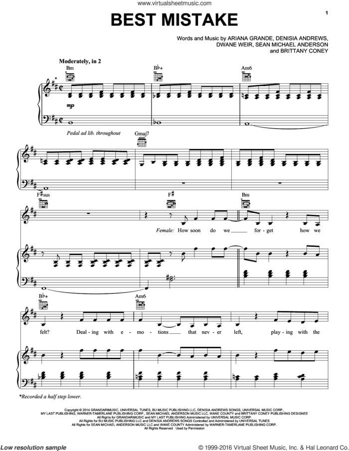 Best Mistake sheet music for voice, piano or guitar by Ariana Grande, Brittany Coney, Denisia Andrews, Dwane Weir and Sean Michael Anderson, intermediate skill level