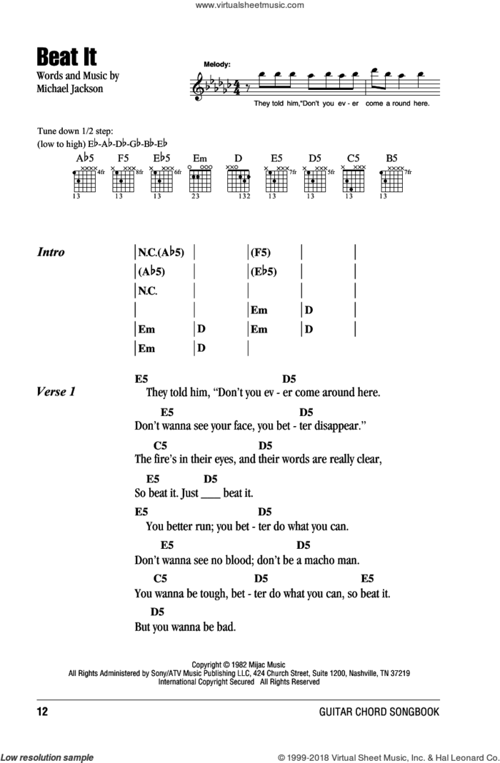 Beat It sheet music for guitar (chords) by Michael Jackson, intermediate skill level