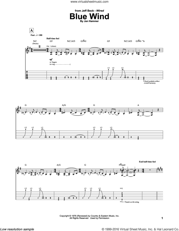 Blue Wind sheet music for guitar (tablature) by Jeff Beck and Jan Hammer, intermediate skill level