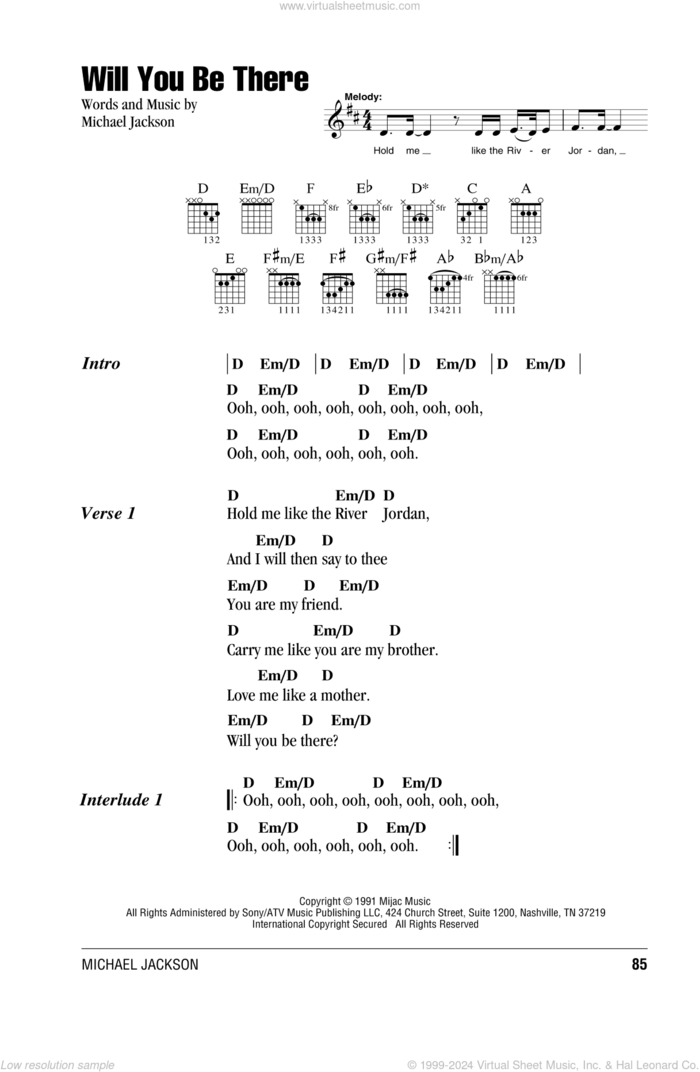 Will You Be There sheet music for guitar (chords) by Michael Jackson, intermediate skill level