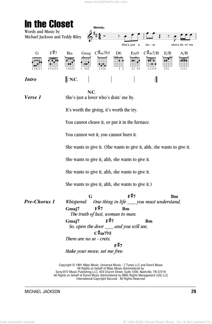 In The Closet sheet music for guitar (chords) by Michael Jackson and Teddy Riley, intermediate skill level