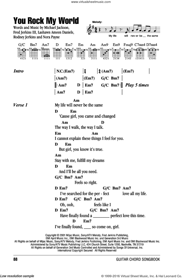 You Rock My World sheet music for guitar (chords) by Michael Jackson, Fred Jerkins III, Lashawn Ameen Daniels, Nora Payne and Rodney Jerkins, intermediate skill level