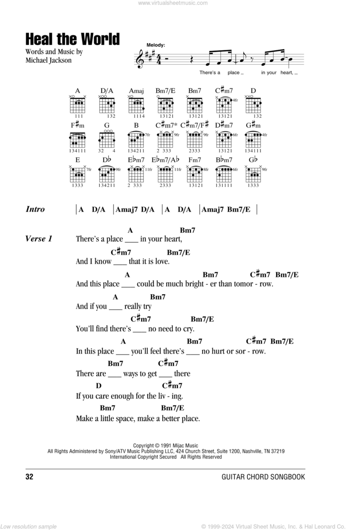 Heal The World sheet music for guitar (chords) by Michael Jackson, intermediate skill level