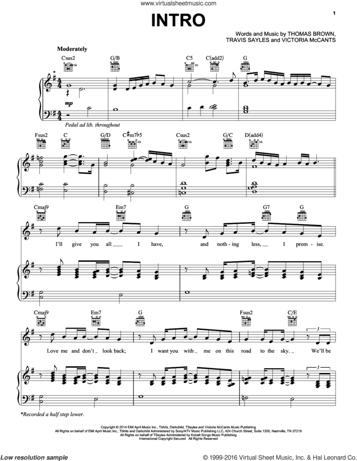 Intro sheet music for voice, piano or guitar by Ariana Grande, Thomas Brown, Travis Sayles and Victoria McCants, intermediate skill level