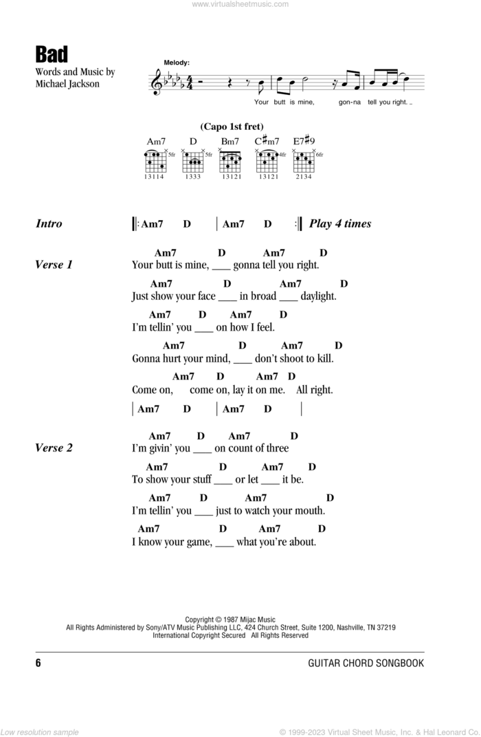 Bad sheet music for guitar (chords) by Michael Jackson and Glee Cast, intermediate skill level