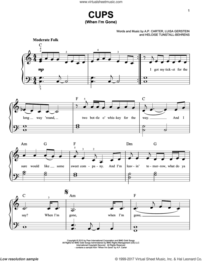 Cups (When I'm Gone) sheet music for piano solo by Anna Kendrick, A.P. Carter, Heloise Tunstall-Behrens and Luisa Gerstein, easy skill level