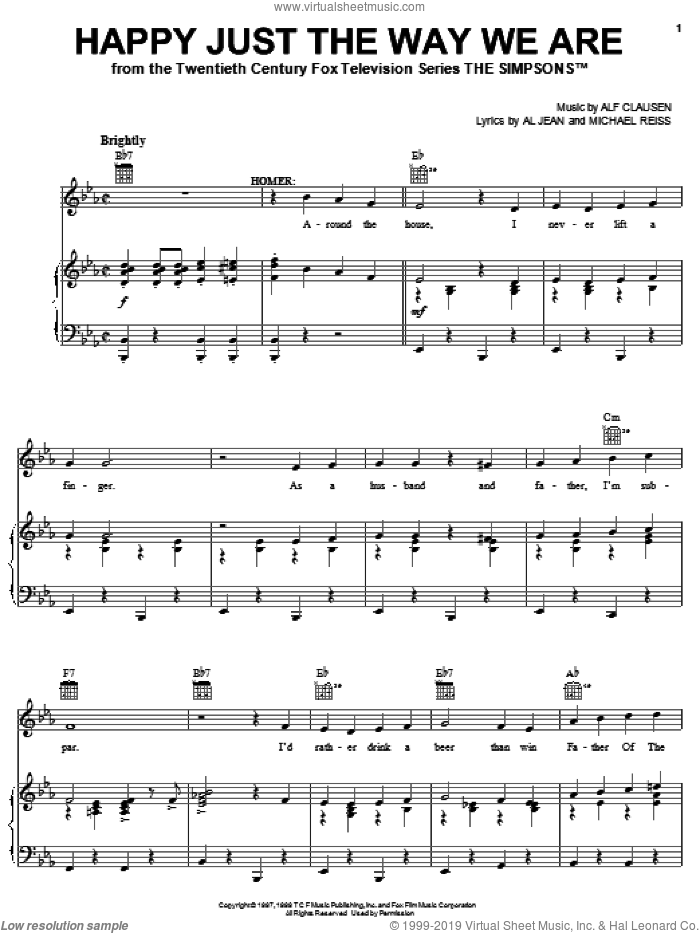 Happy Just The Way We Are sheet music for voice, piano or guitar by The Simpsons, Al Jean, Alf Clausen and Michael Reiss, intermediate skill level