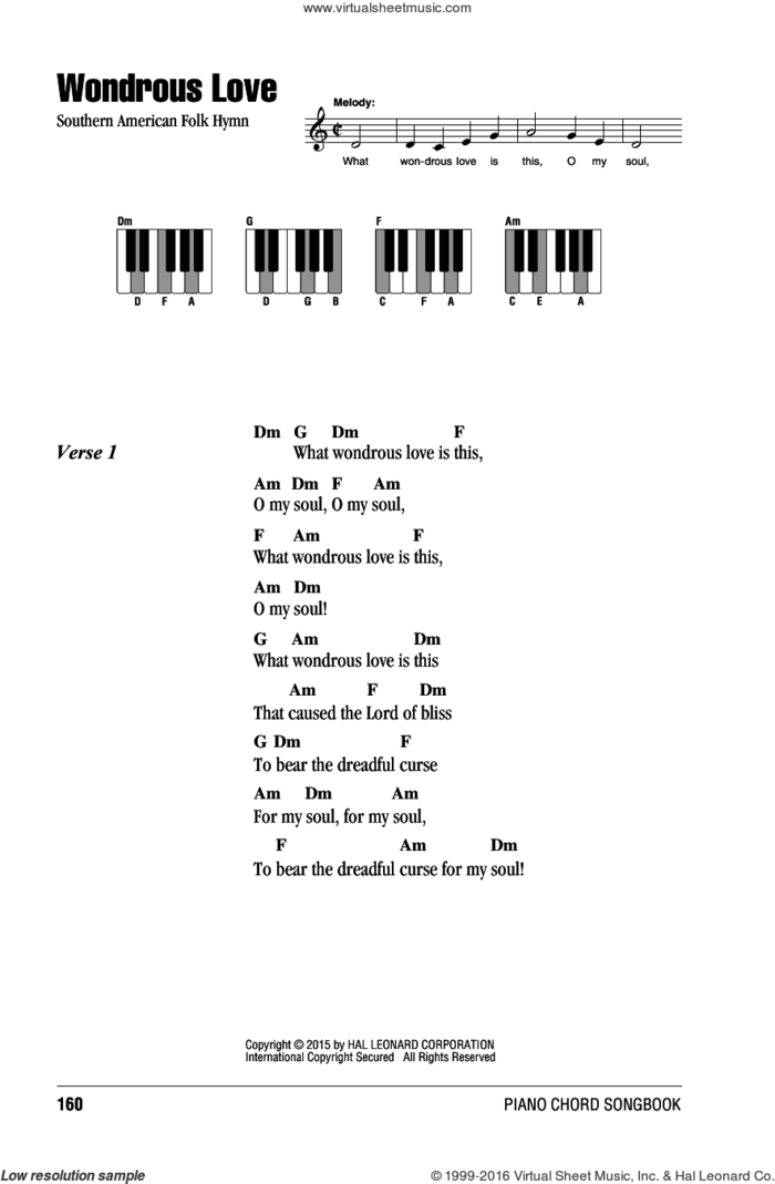 Wondrous Love sheet music for piano solo (chords, lyrics, melody), intermediate piano (chords, lyrics, melody)