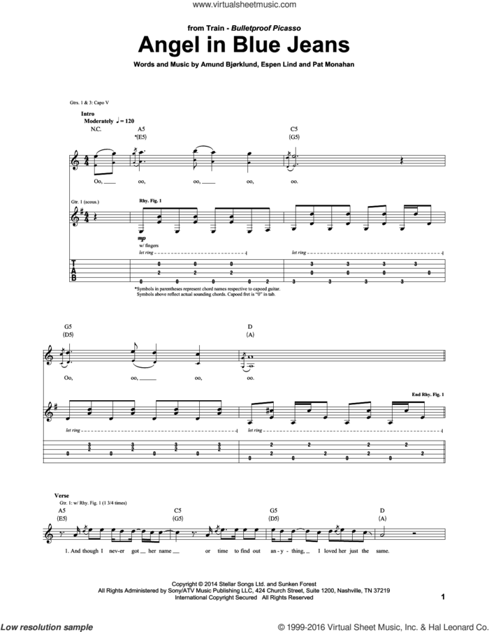Angel In Blue Jeans sheet music for guitar (tablature) by Train, Amund Bjorklund, Espen Lind and Pat Monahan, intermediate skill level