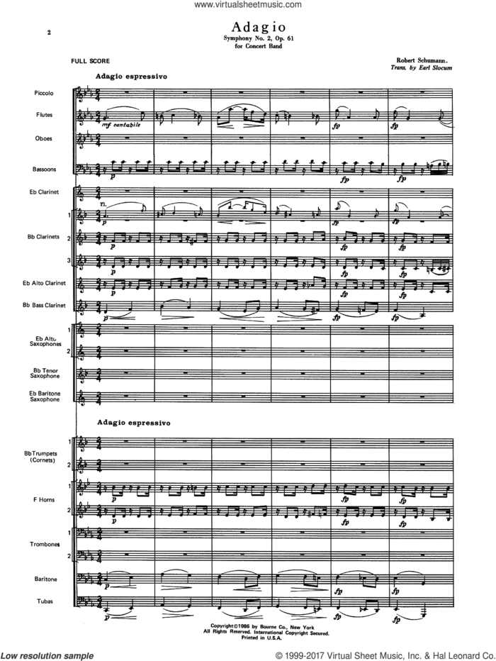 Adagio Symphony No. 2, Op. 61 (COMPLETE) sheet music for concert band by Robert Schumann and Earl Slocum, intermediate skill level