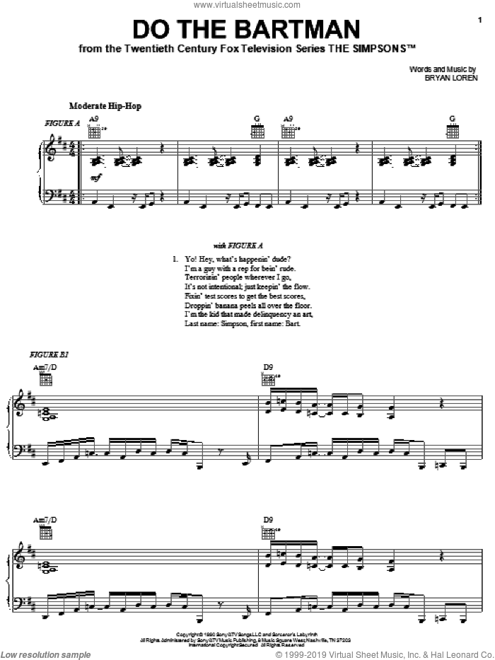 Do The Bartman sheet music for voice, piano or guitar by The Simpsons and Bryan Loren, intermediate skill level